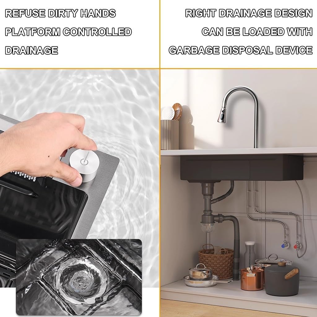 Kitchen Waterfall Sink Stainless Steel Single-Bowl Bar Prep Sink Nano-Coated Workstation Sink with Waterfall Pull-Down Faucet and Complete Accessory Set (Color : Black, Size : 80x45x21cm) (Black