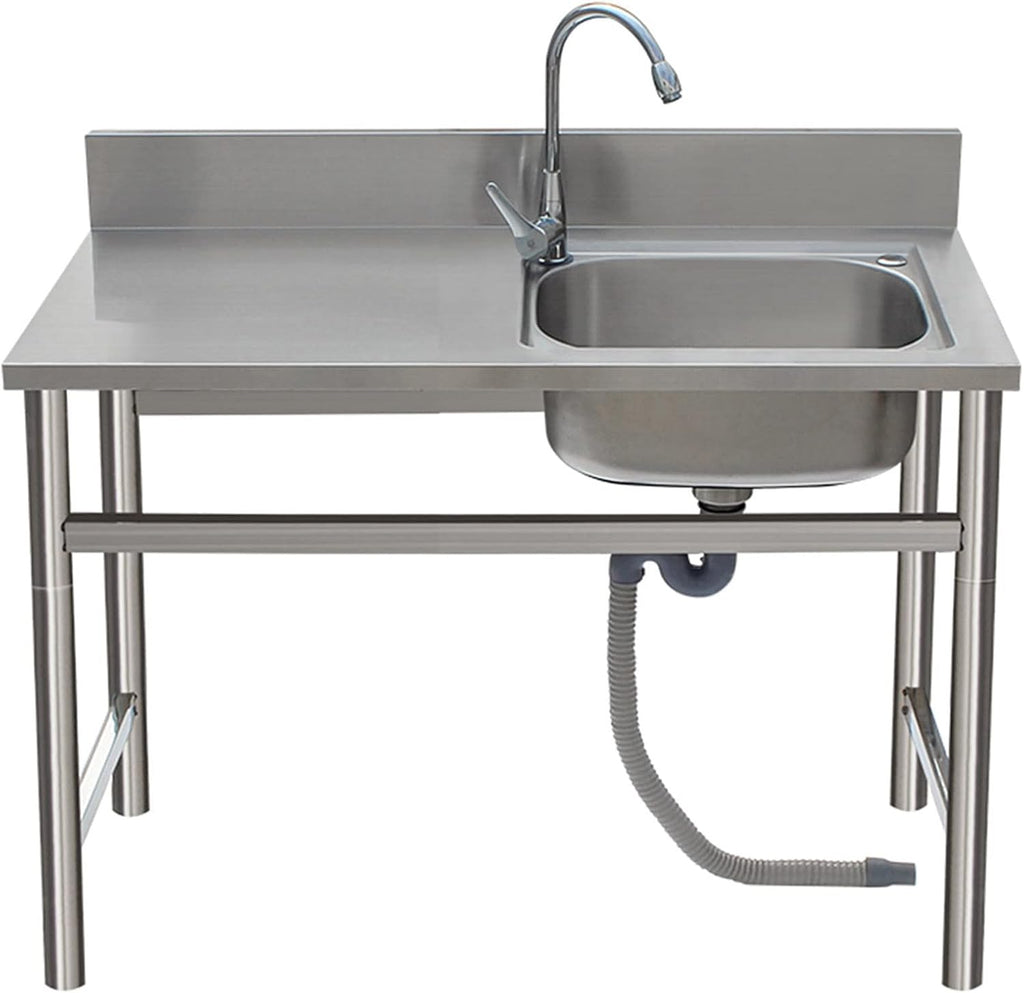 Free Standing Stainless-Steel Single Bowl Sink with Workbench, Commercial Restaurant Kitchen Sink Set with Faucet and Drainboard, Utility Washing Hand Basin