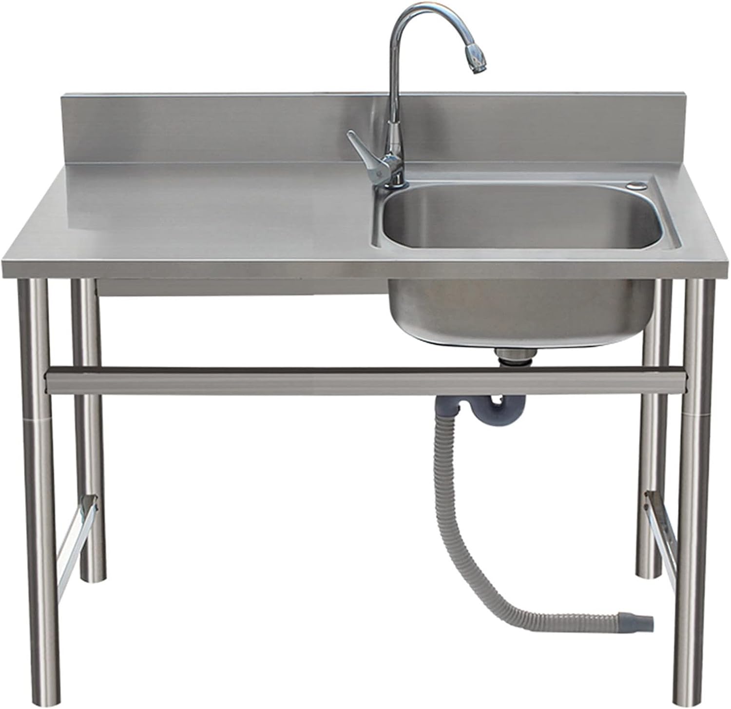 Free Standing Stainless-Steel Single Bowl Sink with Workbench, Commercial Restaurant Kitchen Sink Set with Faucet and Drainboard, Utility Washing Hand Basin