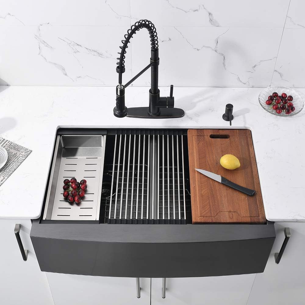 33 Inch Black Double Bowl Farmhouse Sink Workstation-Bokaiya 33x22 Farm Sink Black Stainless Steel 50/50 Double Bowl Apron Front 16 Gauge Low Divided Deep Farm House Style Sink