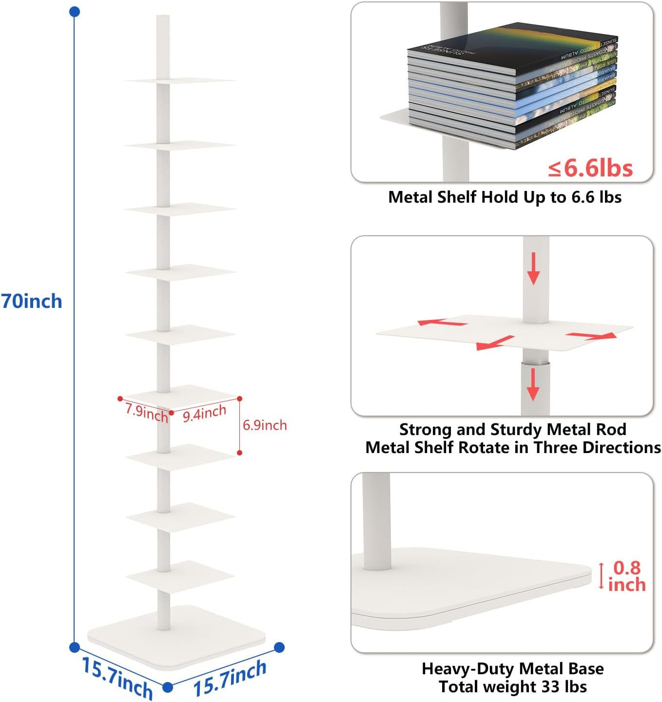Choowin 9-Shelf Metal Spine Bookshelf Vertical Bookshelf, Adjustable Modern Floating Narrow Tree Book Shelf Book Tower, Display Shelf for Bedroom Living Room Office, 70 inch Tall, White