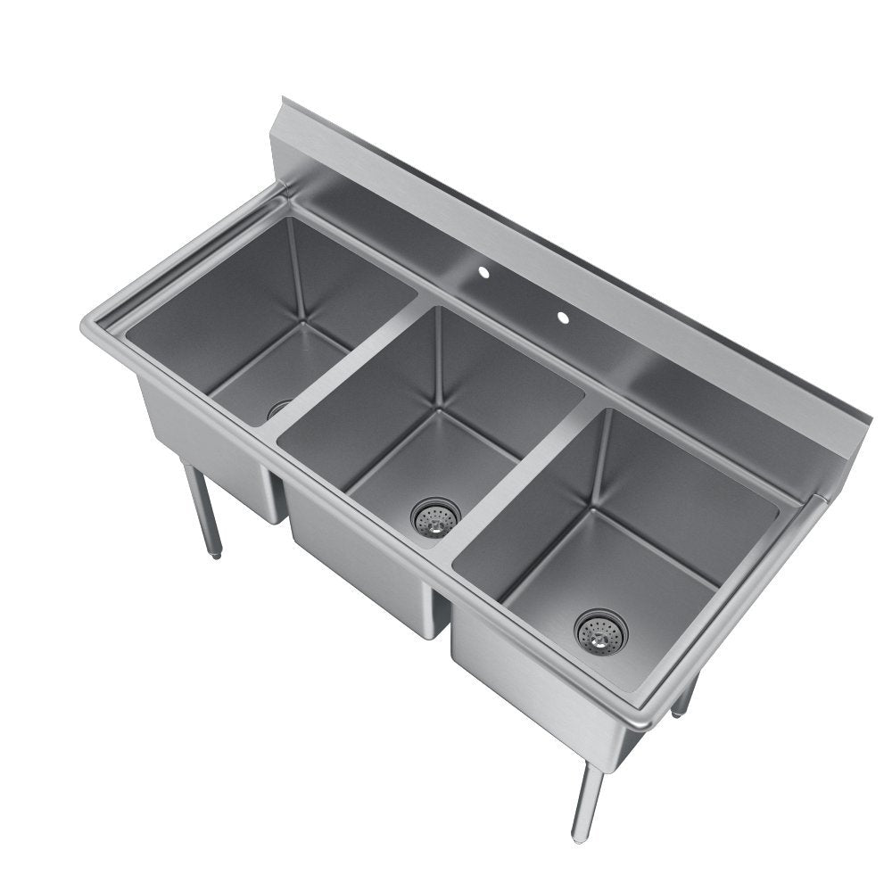 Elkay Foodservice 3 Compartment Sink, 57'X25.75' OA, 36' Working Height, 16X20 Bowl, 14 Deep, 9.75' Backsplash, No Drainboards, 8' On Center Faucet Hole, Galvinized Legs, Adjustable Feet, 16 Gauge 300 Series Stainless Steel, NSF Certified