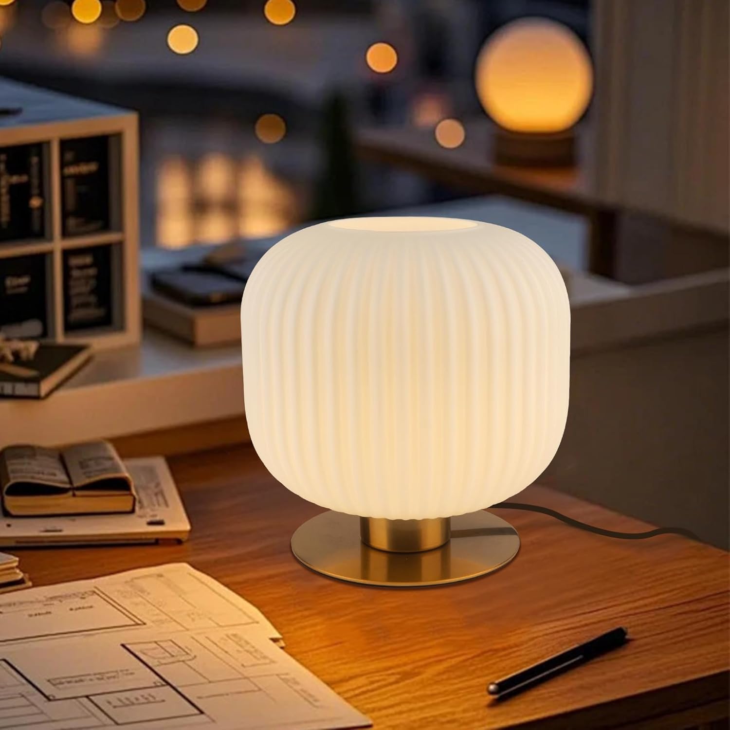 Bedroom Lamps Set of 2, White and Gold Bedside Lamp Milk Glass Table Lamp, MCM Table Lamp Vintage Nightstand Reading Lamp Small End Table Lamps for Living Room Office Study