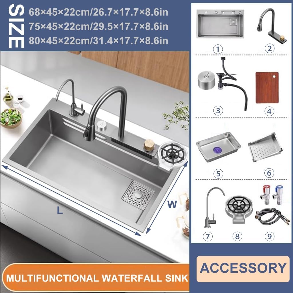 Stainless Steel Waterfall Sink Multi-functional Single Bowl Bar Sink with Pull-Out Faucet Kitchen Sink with Cup Washer Nano-Coated Workstation Sink (Color : A, Size : 75x45x22cm) (A 68x45x22cm)