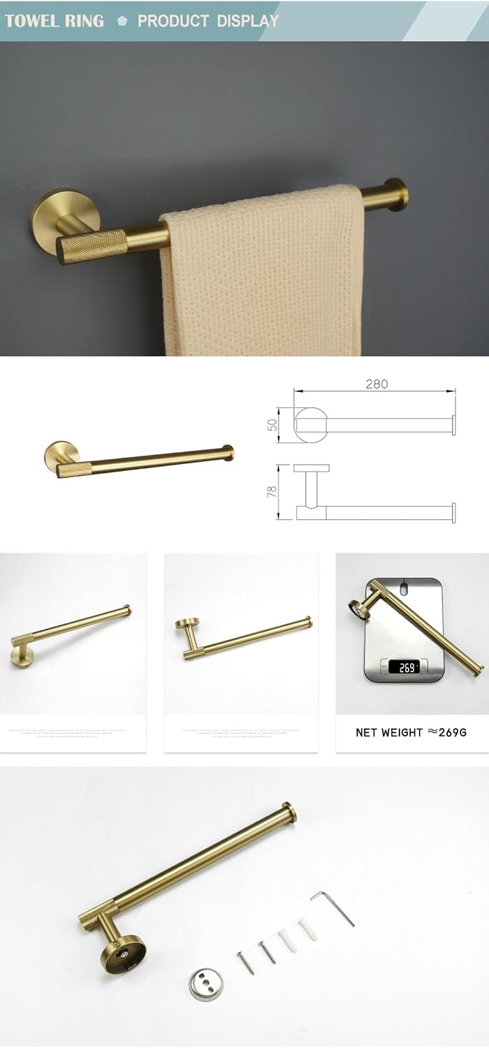 Brushed Gold Bathroom Accessories Set Toilet Tissue Roll Paper Holder Towel Rack Bar Rail Ring Robe Clothes Hook Hardware,4 Pieces Set