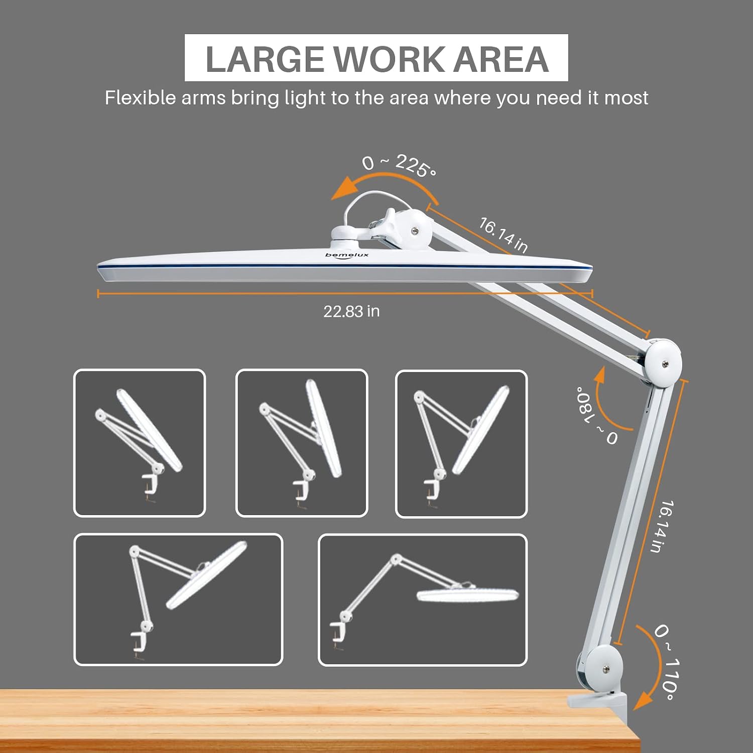 Task Lamp with Clamp, 23 Inch Lamp Head, Bright 182PCS LEDs,3 Color Temperatures, 4 Brightness Levels, Metal Swing Arm 20W 2200 Lumen Dimmable Led Desk Lamp (White, CCT)