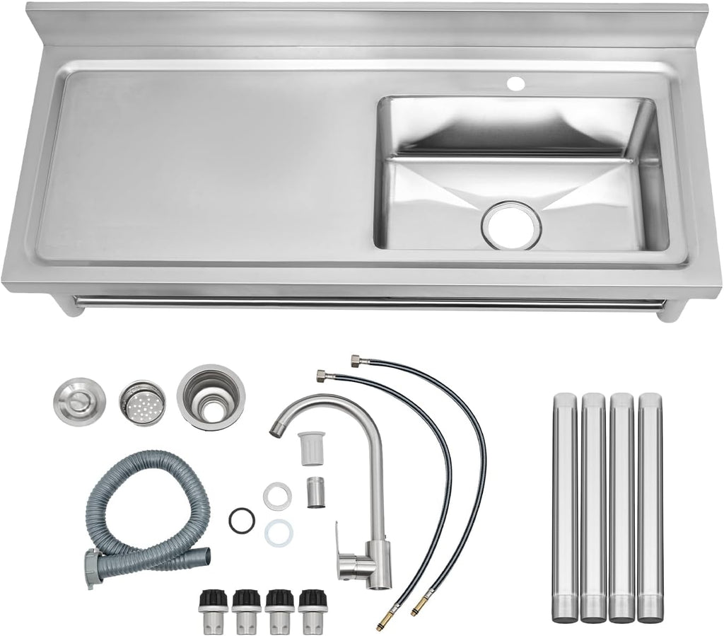 Stainless Steel Sink Single Bowl Commercial Utility Sink Free Standing Kitchen Sinks with Cold and Hot Water Faucets for Kitchens, Garage, Laundry Room (47.2'W x19.5'D x 36.6'H)