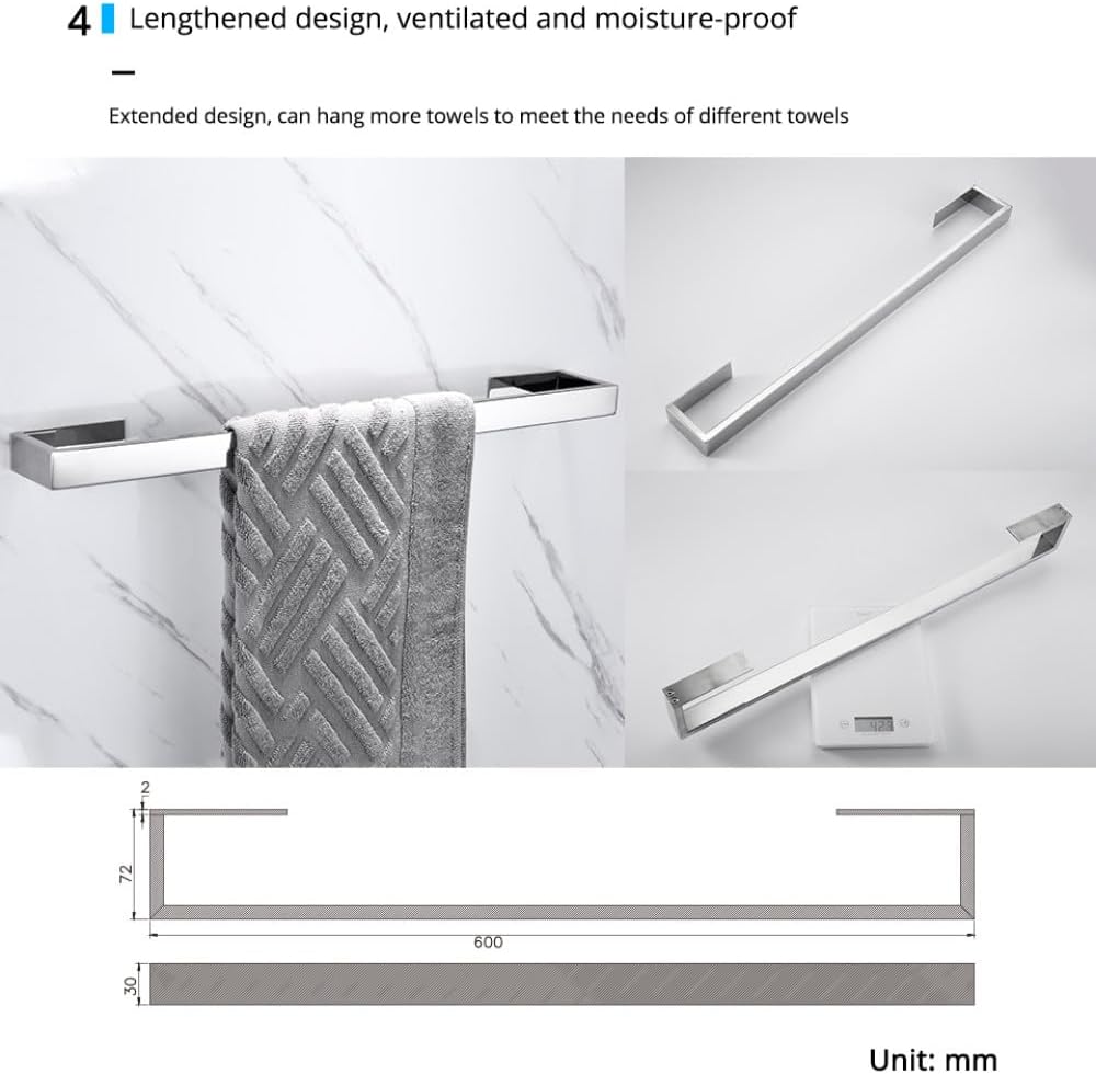 Adhesive Chrome Towel Bar Set Bathroom Accessories Silver Wall Mount Toilet Paper Holder Robe Hook Rack for Bathroom,4