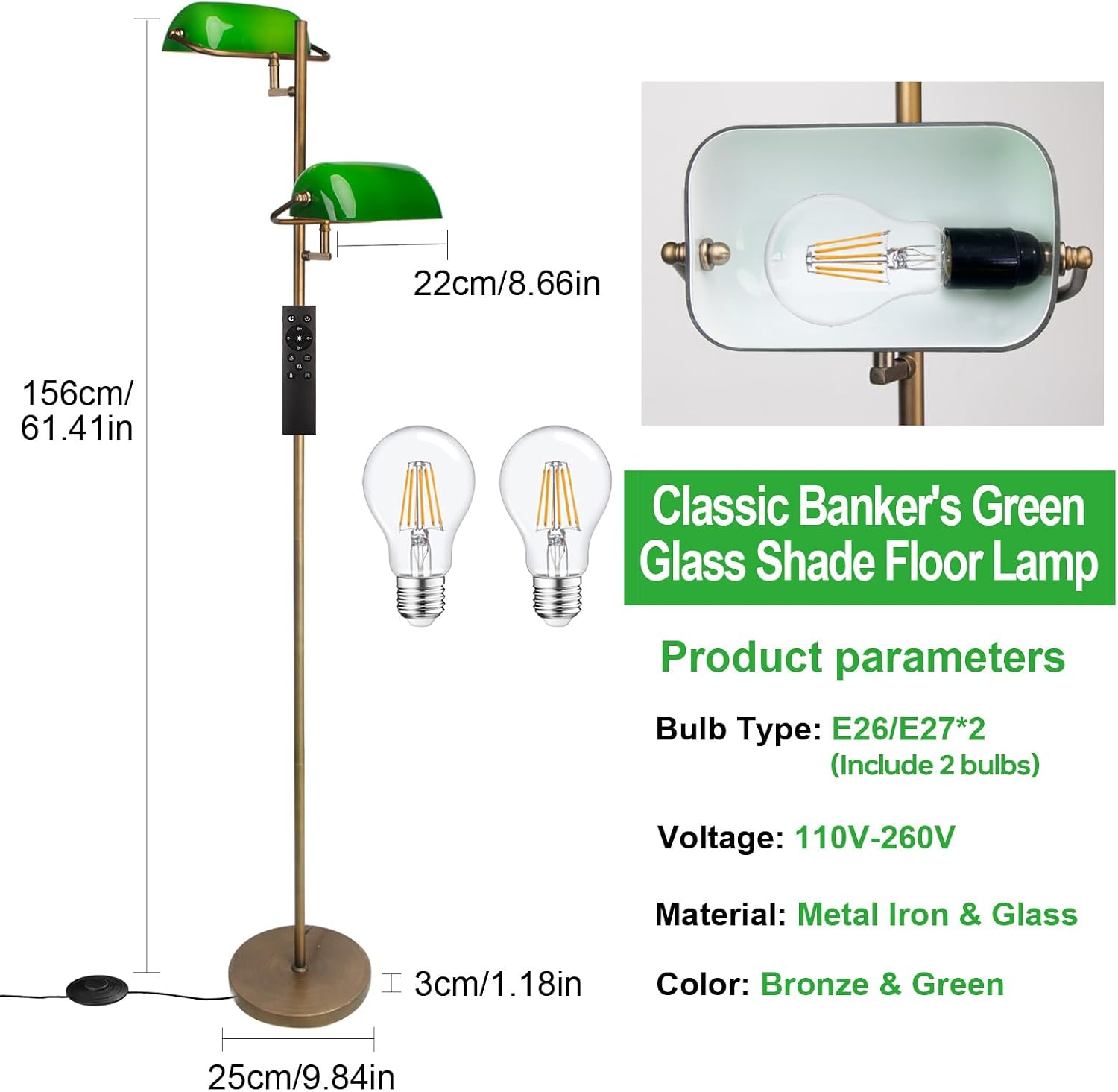 FIRVRE Bankers Floor Lamp for Living Room, Vintage Floor Lamp with Foot Switch,Remote Control Standing Lamp with Glass Lampshade, Antique Green Floor Lamp for Bedroom Office Kid Room