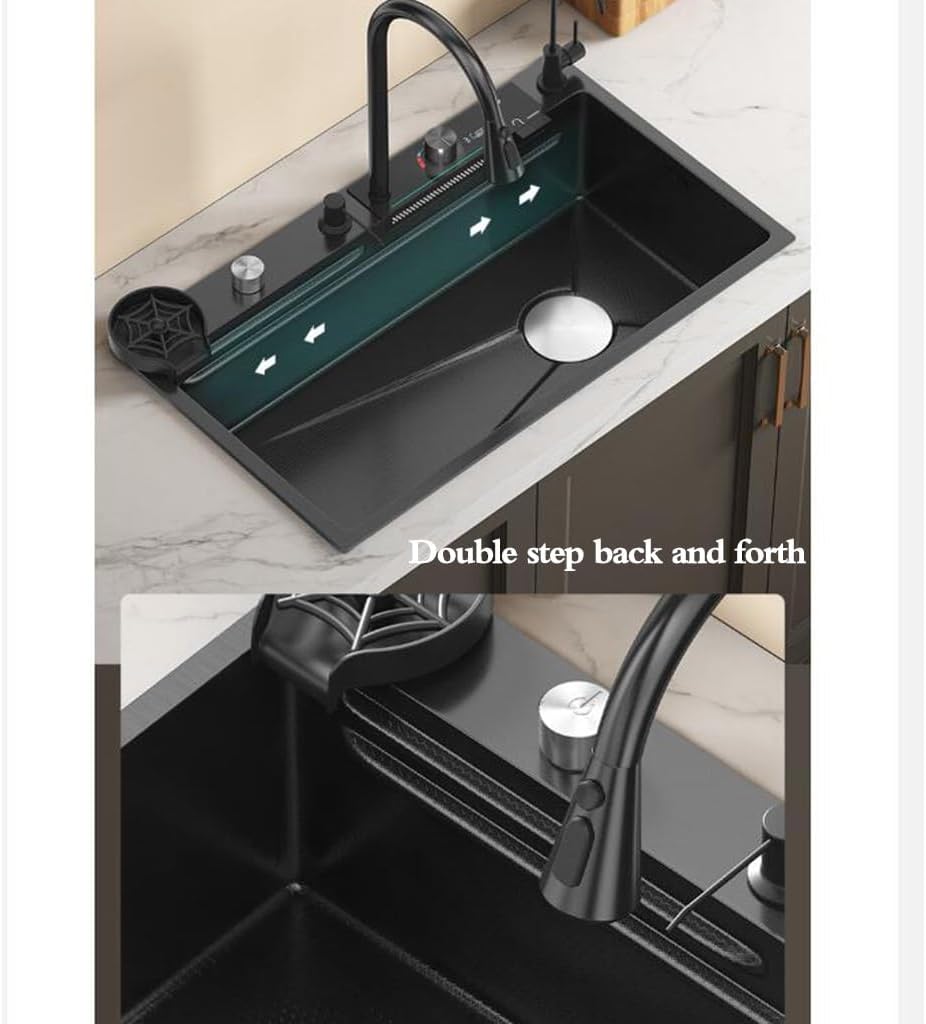 Single Bowl Siphon Sink with Cup Washer Faucet Drain Basket Large Size Single Bowl Sink Stainless Steel Digital Waterfall Flume Kitchen Embedded Sink Easy t(80 * 45 * 21Cm