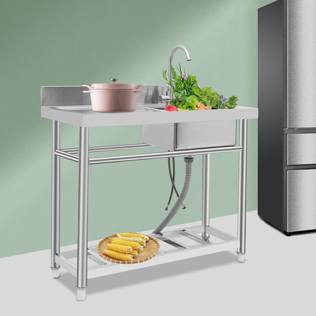 Stainless Steel Sink Single Commercial Utility Sink Free Standing Kitchen Sinks with Cold and Hot Water Faucets for Kitchens, Garage, Laundry Room (39.4'W x 19.7'D x 35.4'H)
