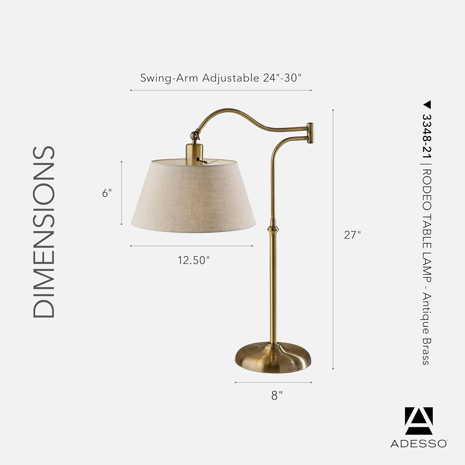 Adesso Antique Brass Table Lamp with Cream Fabric Shade - 180 Degree Adjustable Arm, Versatile Bedside Table, Living Room, or Desk Lamp, 27' Tall