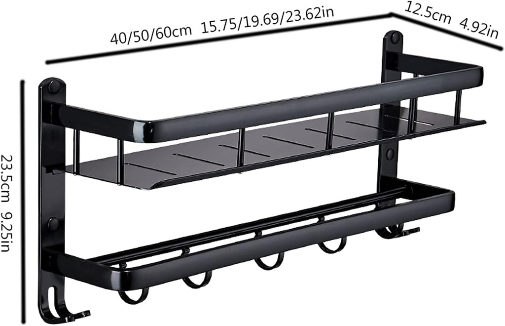 TOMYEUS Bathroom Shelf Floating Shelves Wall Mounted，Bathroom Shelf with Rail,with Towel Bar and Towel Hooks，Strong Black Metal Frame Bathroom Wall Shelves (Size : 60 cm Long)