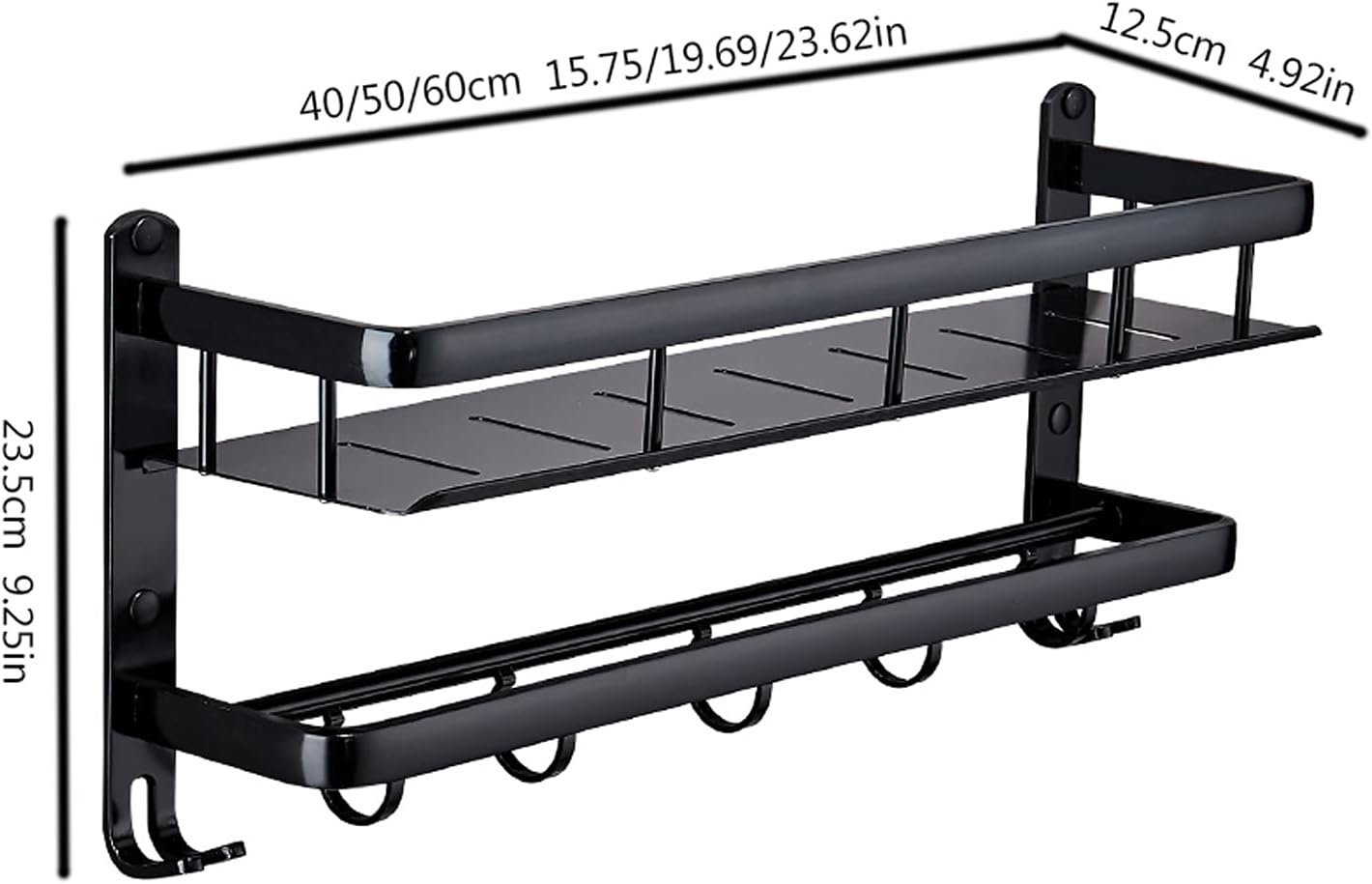 TOMYEUS Shower Caddy Bathroom Shelf Floating Shelves Wall Mounted，Bathroom Shelf with Rail,with Towel Bar and Towel Hooks，Strong Black Metal Frame Shower Organizer (Size : 50 cm Long)