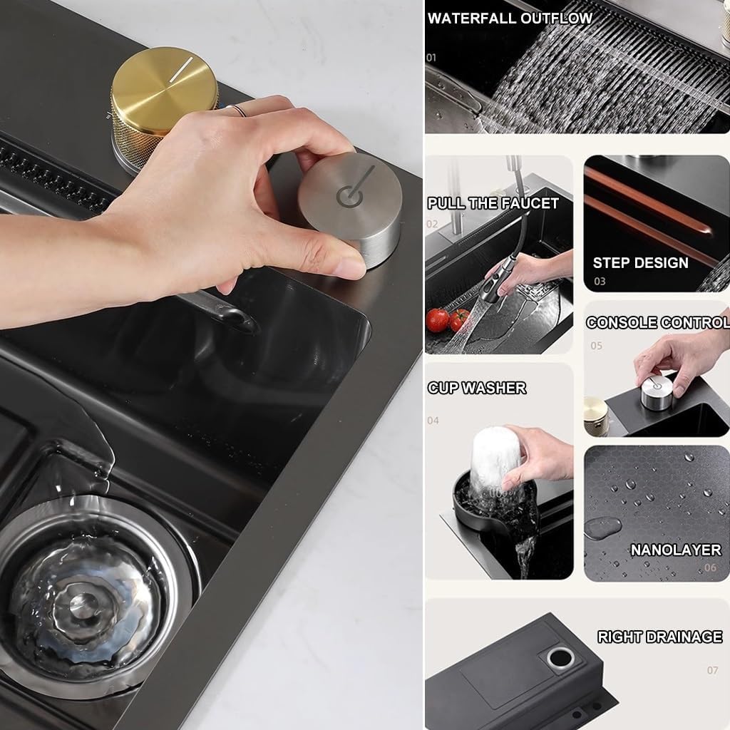 Kitchen Sink Stainless Steel Waterfall Sink with Pull Down Sprayhead Faucet Single Bowl Bar Sink Workstation Household RV Sink with Accessories (Color : Black, Size : 75x45x22cm) (Black 68x45x22c