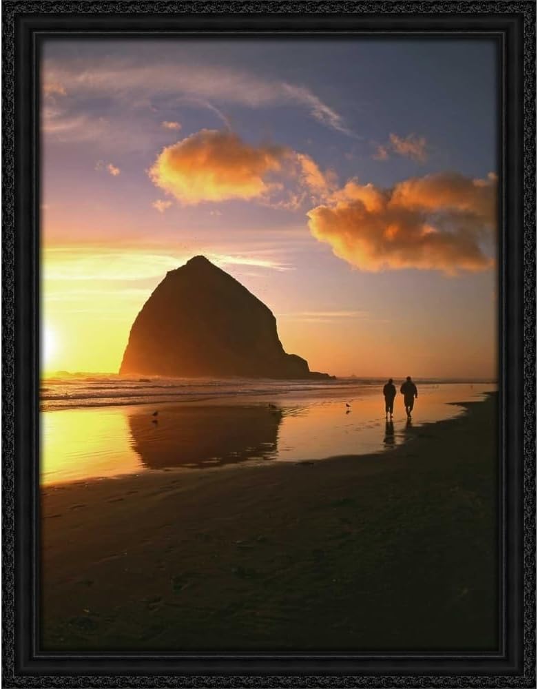 Terrill, Steve 19x24 Black Ornate Framed Canvas Art Print Titled: OR, Cannon Beach Couple by Haystack Rock, sunset