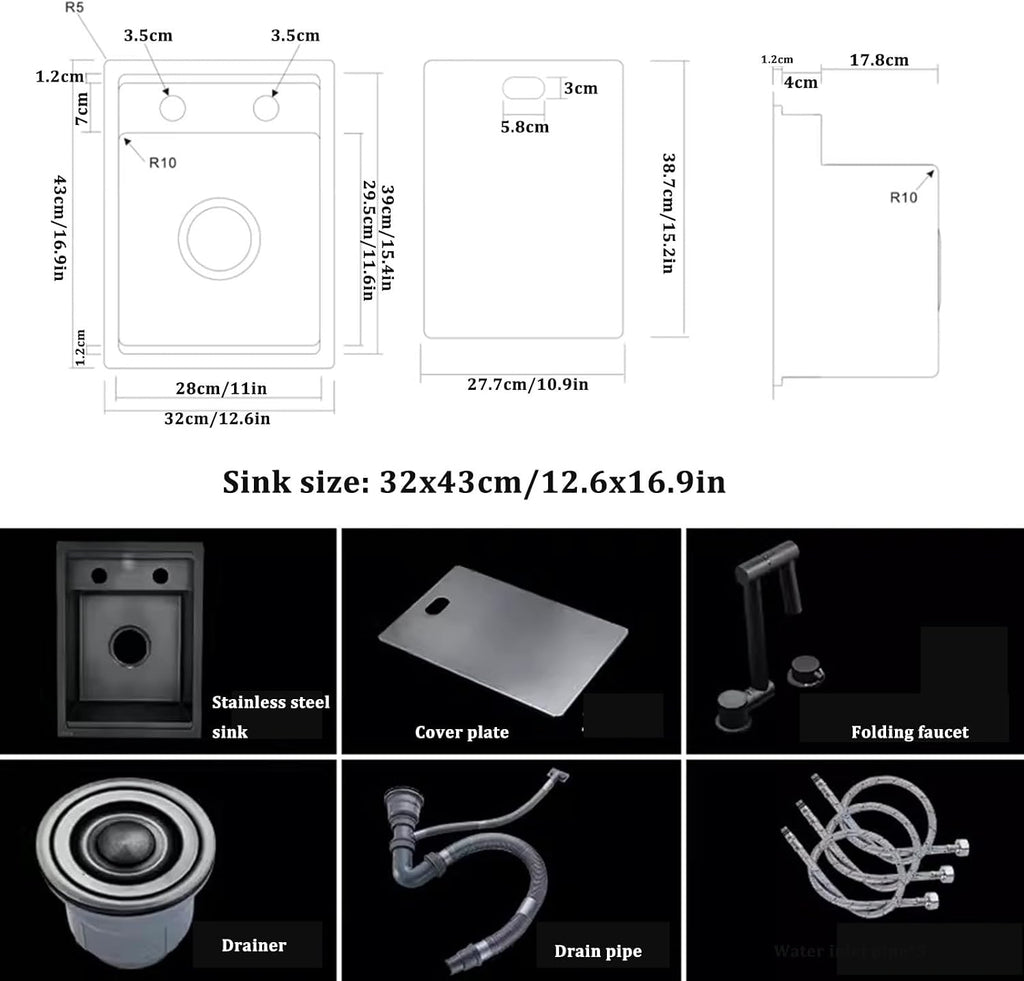 Black Sink with Cover Single Bowl Sink with Foldable Faucet Single Bowl Sink Hidden Sink Undercounter Sink(One Color-32x43cm