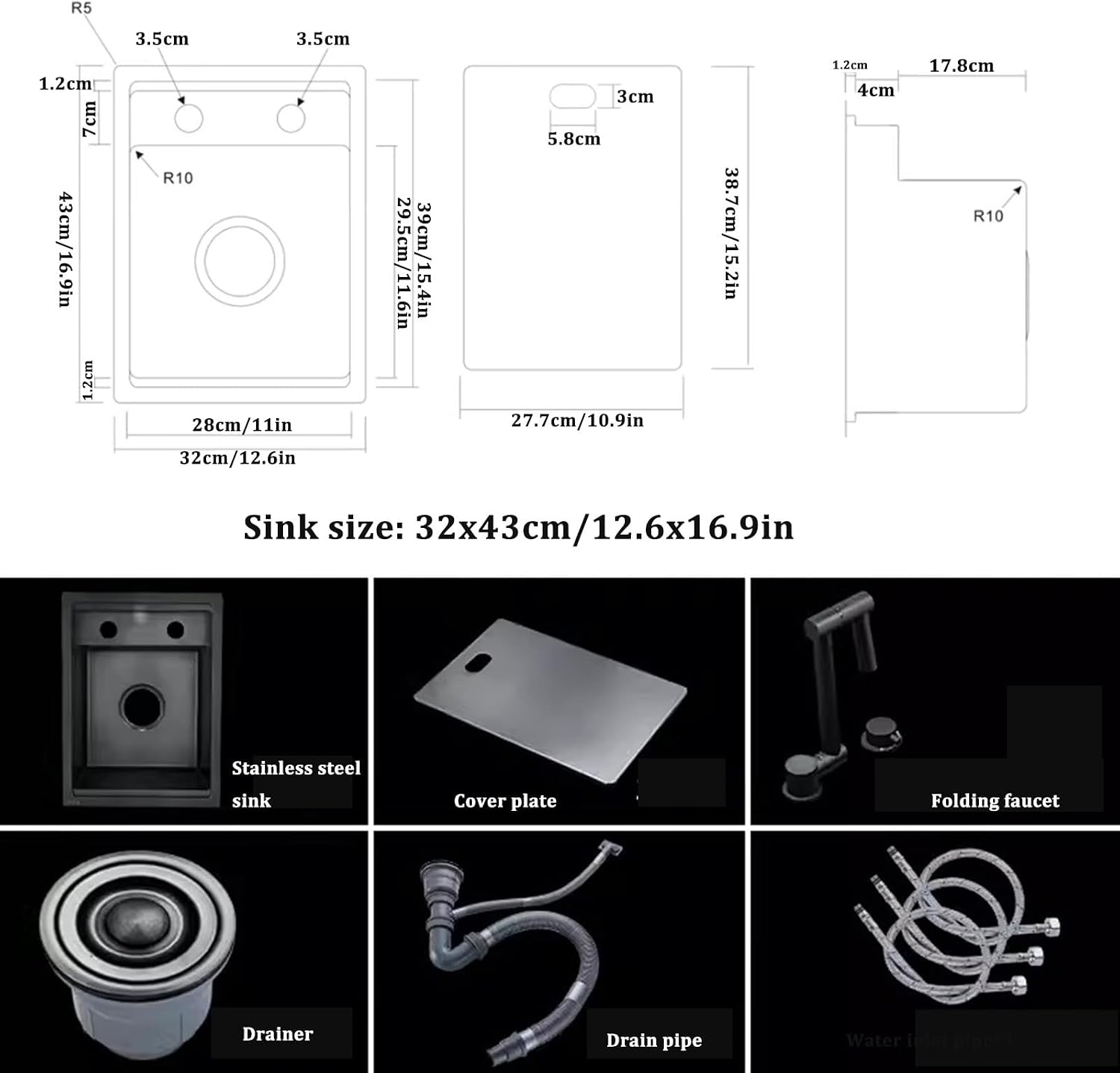 Black Sink with Cover Single Bowl Sink with Foldable Faucet Single Bowl Sink Hidden Sink Undercounter Sink(One Color-32x43cm