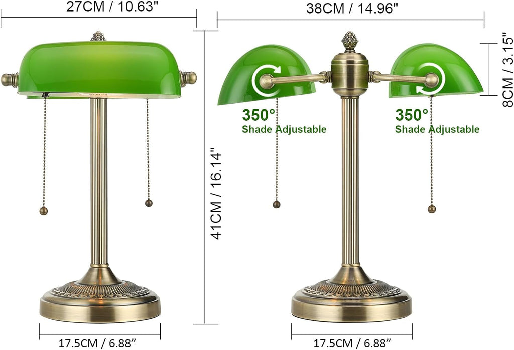 Green Double Head Glass Bankers Desk Lamp with Pull Chain Switch Plug in Fixture for Library, Office, Cafe