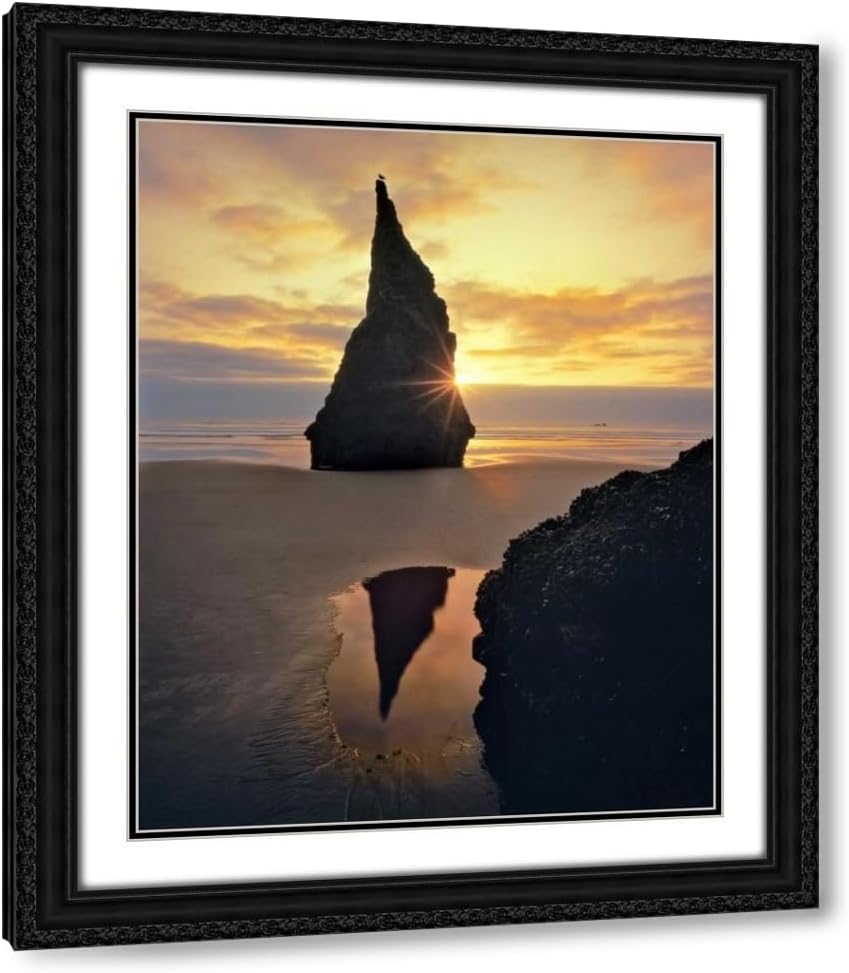 ArtDirect 15x18 Terrill, Steve Black Ornate Framed and Double Matted Museum Art Print Titled Oregon Rock formation at sunset on Bandon Beach