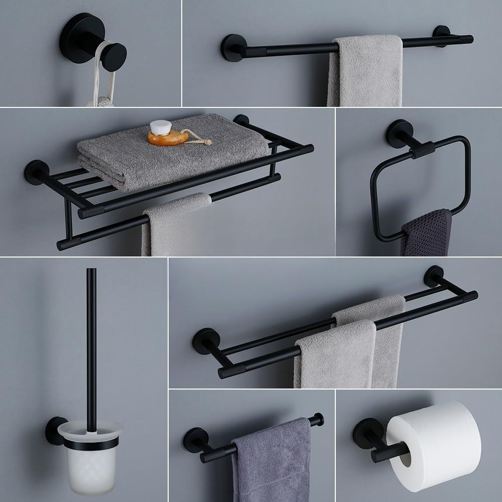 Modern Matte Black Bathroom Hardware Set with Brass Knurled Design Towel Bar Bath Robe Hook Shelf and Toilet Paper Tissue Holder Stylish and Functional Accessories for Your Bathroo