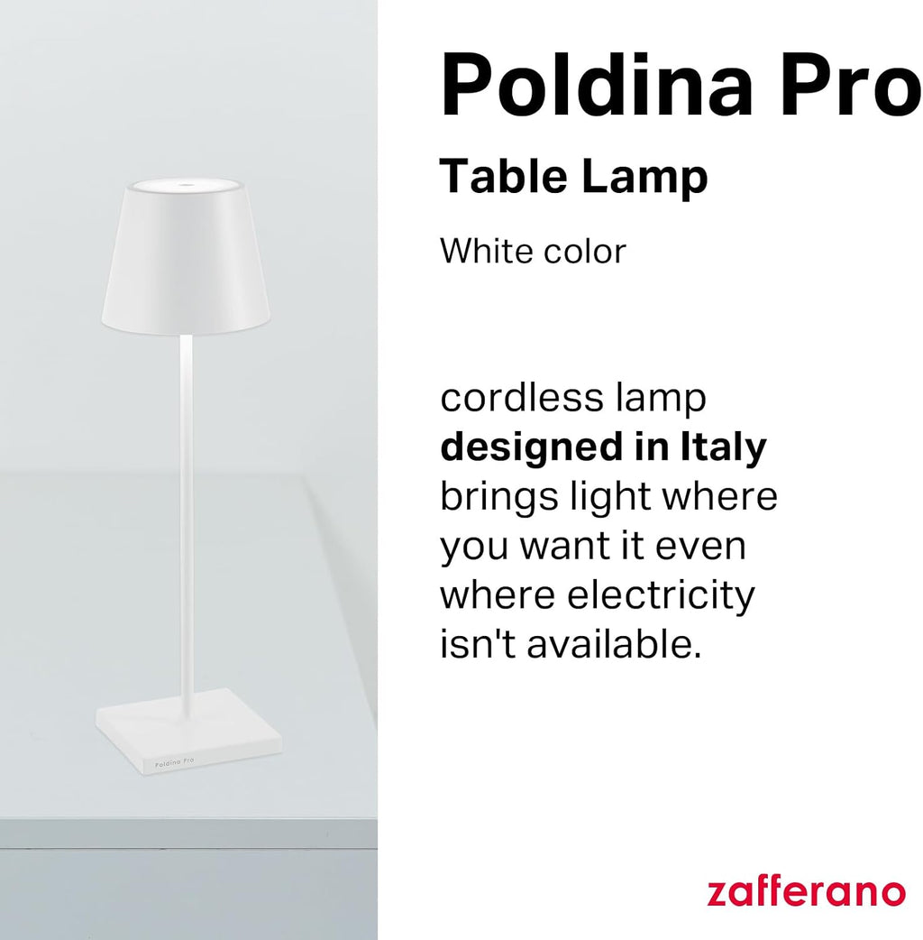Zafferano, Poldina Pro Lamp, Rechargeable Cordless Table Lamp with Touch Controls, Suitable for Indoor and Outdoor, Dimmer, 2200-3000 K, Height 14.9 Inches, White Color