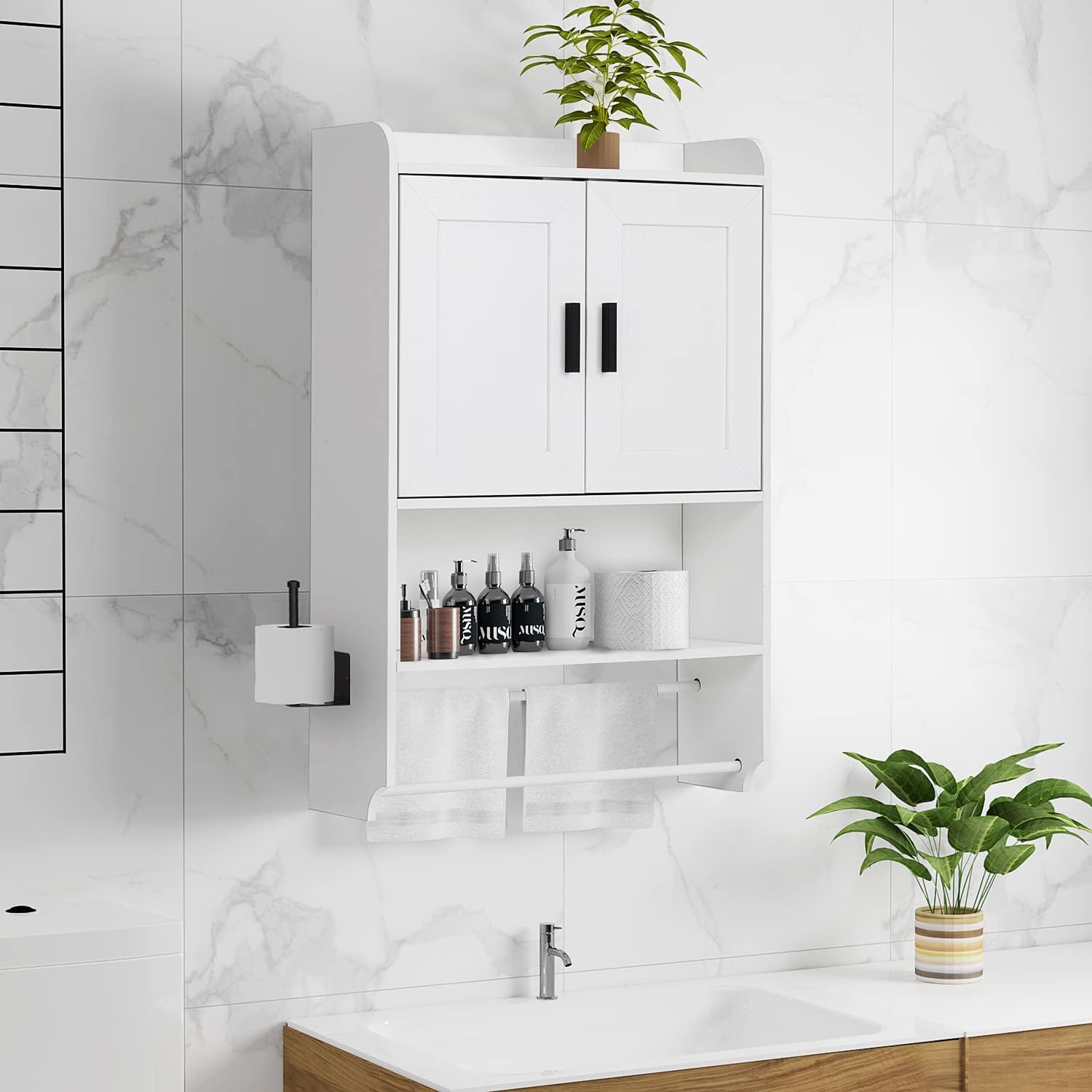 apexnova Bathroom Wall Cabinet, Wooden Medicine Cabinet Over The Toilet with Adjustable Inner Shelf, Wall Mounted Cabinet with Doors for Bathroom Storage, Hanging Cabinet for Wall with Towels Bar