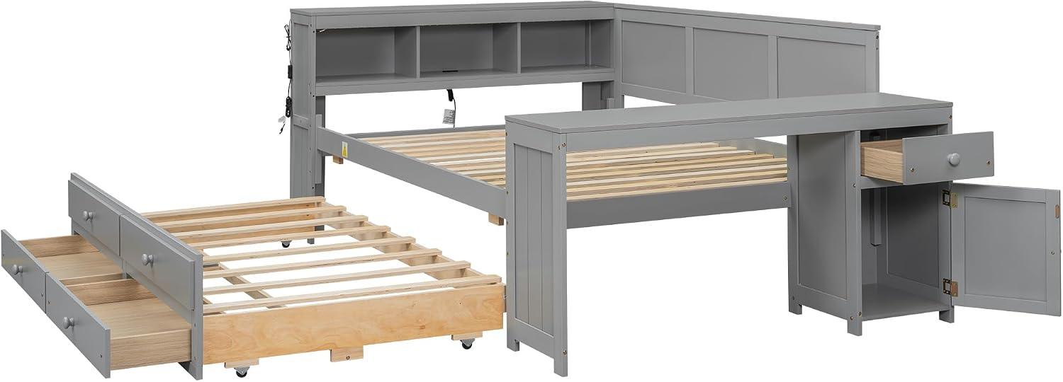 Bellemave Full Corner Bed Frame, Twin Size Captain beds with Storage Cabinets and Desk, Wood Daybed with Bookcase Trundle and Drawers, Gray
