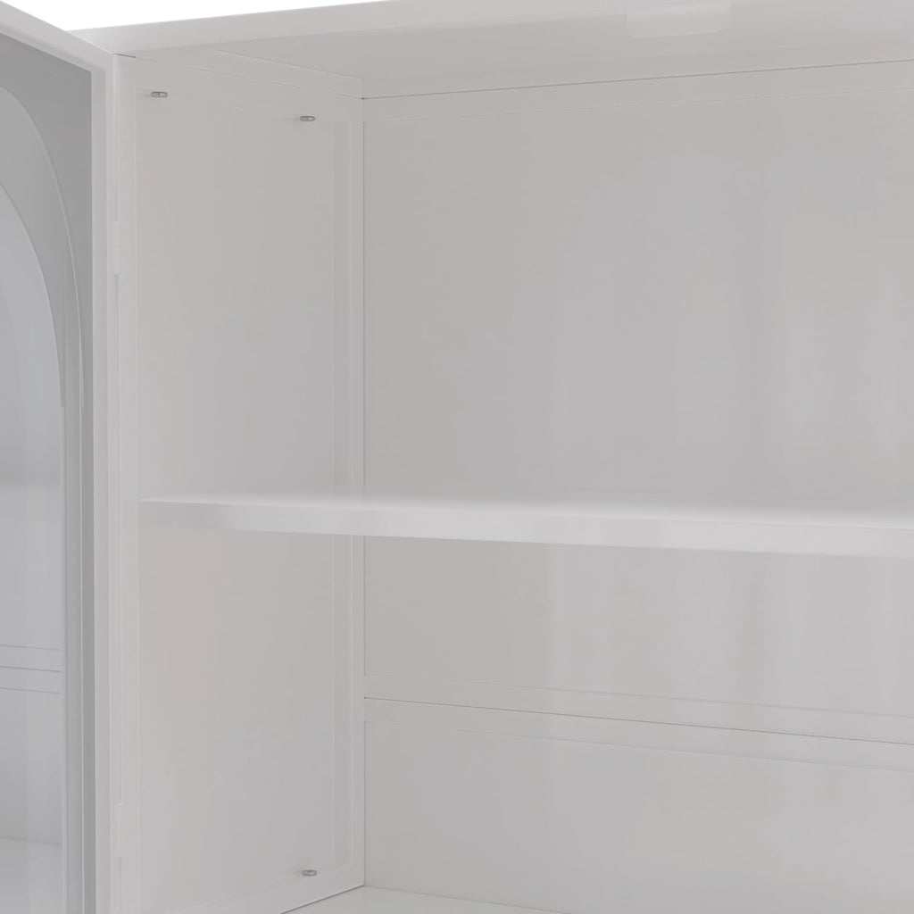 Retro Style Tempering Glass Door Wall Cabinet with Detachable Shelves and Open Shelves，for Office Dining Room,Living Room, Kitchen and Bathroom.White