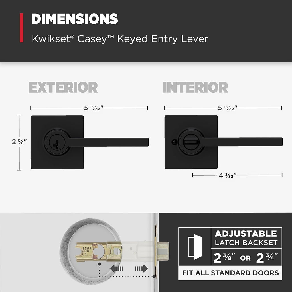 Kwikset Casey Entry Door Handle with Lock and Key, Secure Keyed Reversible Lever Exterior, for Front Entrance and Bedrooms, Matte Black, 4 Pack, Pick Resistant SmartKey Rekey Security and Microban