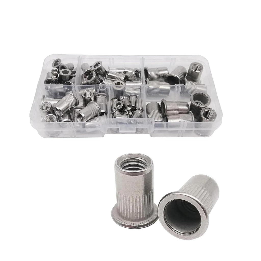 1 Box 70/205/402pcs M3 M4 M5 M6 M8 304 A2-70 Stainless Steel Carbon Steel Aluminum Flat Head Rivet Nut Rivnut Set Assortment Kit(Mix Material 402pcs)