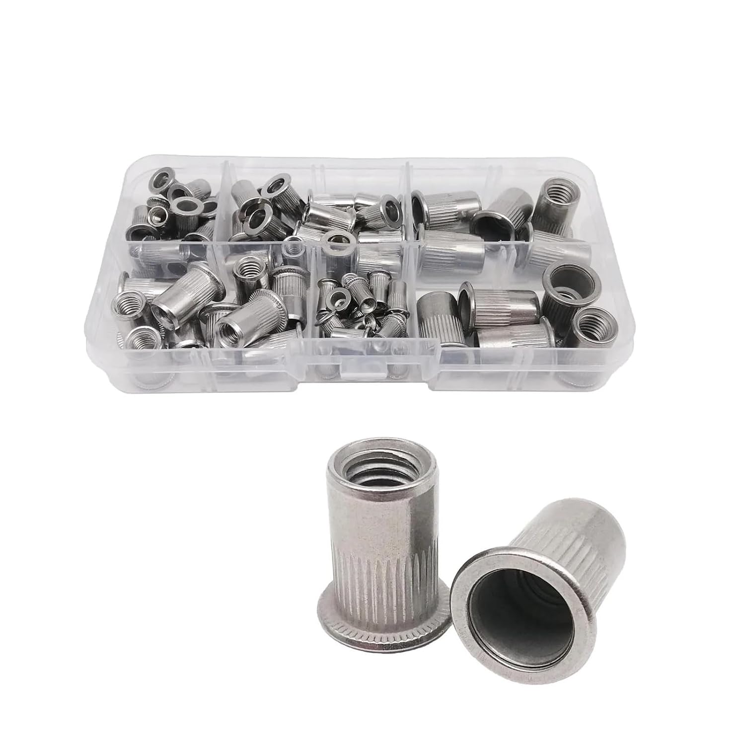 1 Box 70/205/402pcs M3 M4 M5 M6 M8 304 A2-70 Stainless Steel Carbon Steel Aluminum Flat Head Rivet Nut Rivnut Set Assortment Kit(Mix Material 402pcs)
