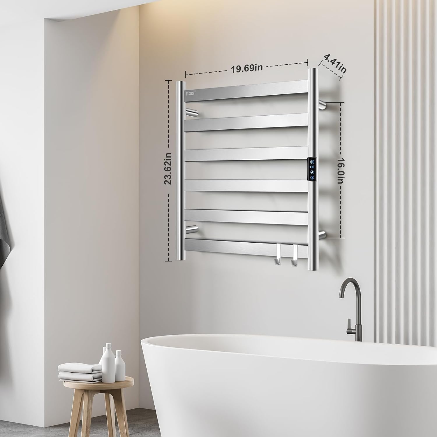 R FLORY Heated Towel Rack for Bathroom, 6 Bar Wall Mounted Towel Warmer Rack Flat with Timer & Temperature, Electric Towel Heater with LED Display Screen, Plug-in,Brushed Nickel