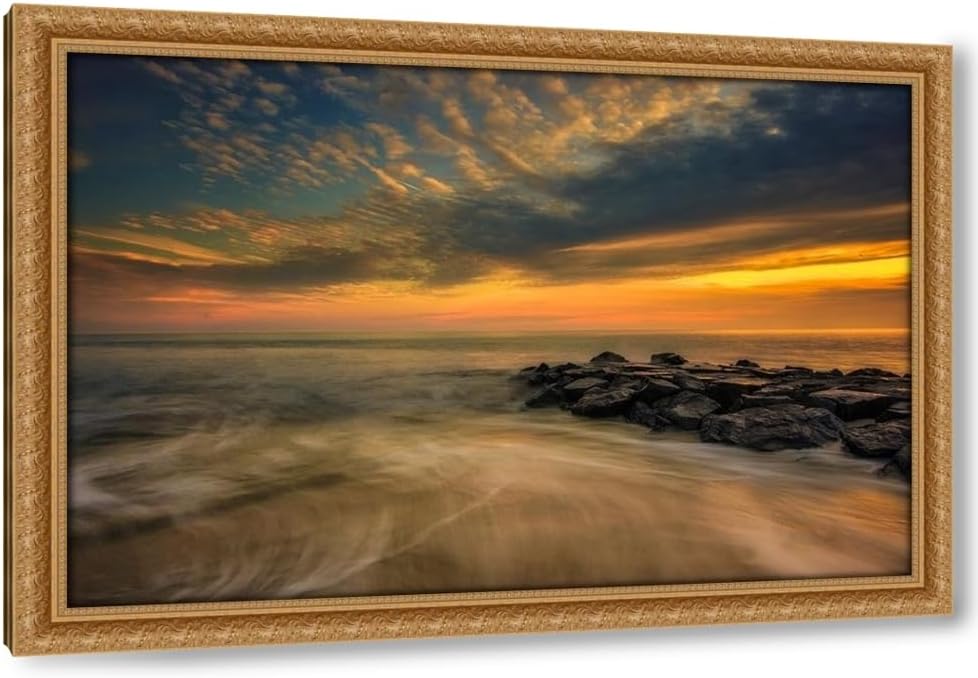 ArtDirect New Jersey-Cape May National Seashore Sunset on ocean and rocks 48x32 Huge Gold Ornate Wood Framed Canvas Giclee Art by Jaynes Gallery
