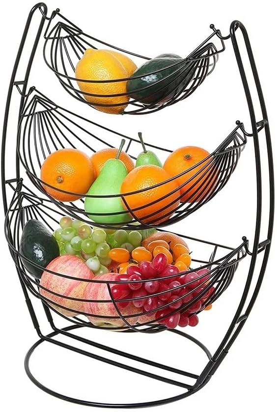 3 Tier Black Triple Hammock Fruit Vegetables Produce Metal Basket Rack Display Stand