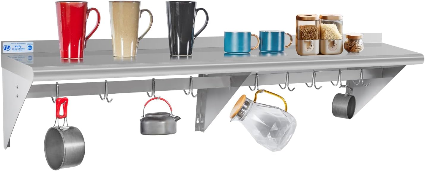 Hally Stainless Steel Shelf with 9 Hooks 18' x 72' Wall Mounted Pot Rack 500lb, NSF Commercial Floating Shelving for Storage Hanging Pots, Pans, cookware in Restaurant, Kitchen, Home and Hotel