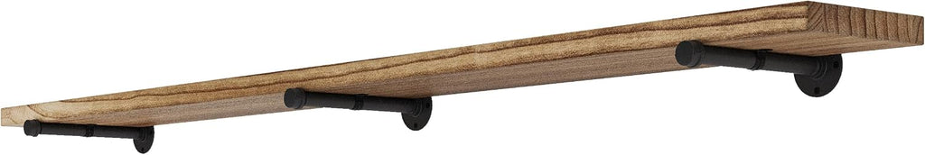 Wallniture Burnt Finish Pipe Wall Shelf - 9.25'' Deep, 1.5'' Thick Solid Wood, Lengths: 48', 60', 72', 84' - Includes Pipe Brackets (84'')