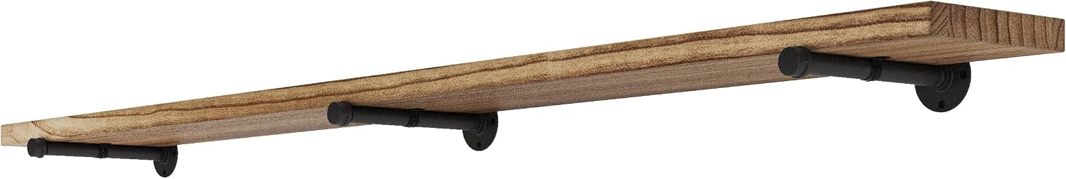 Wallniture Burnt Finish Pipe Wall Shelf - 9.25'' Deep, 1.5'' Thick Solid Wood, Lengths: 48', 60', 72', 84' - Includes Pipe Brackets (84'')