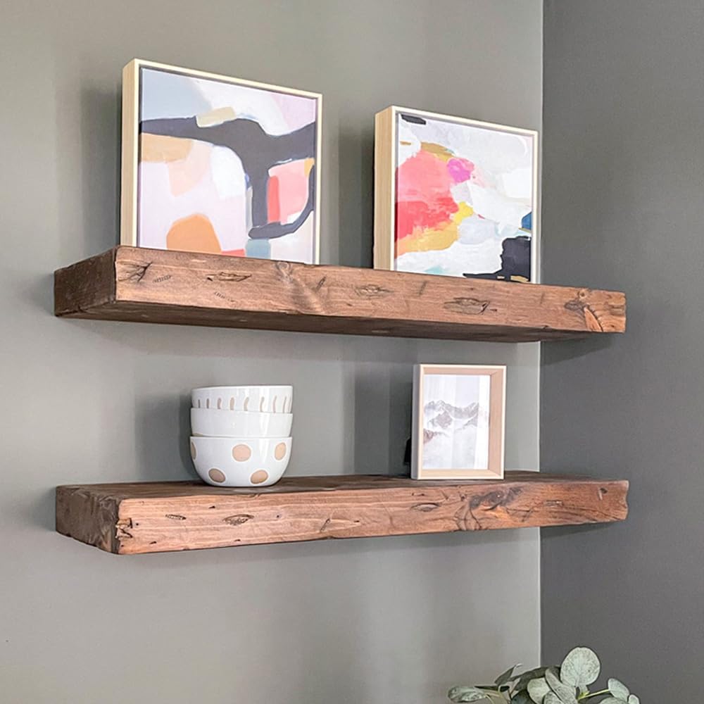 Urbandi Rustic Distressed Floating Shelves, Set of 2, Handmade Out of Pine Wood, 3 Inch Thick, Made in USA (Provincial, 36Lx3Hx8D)