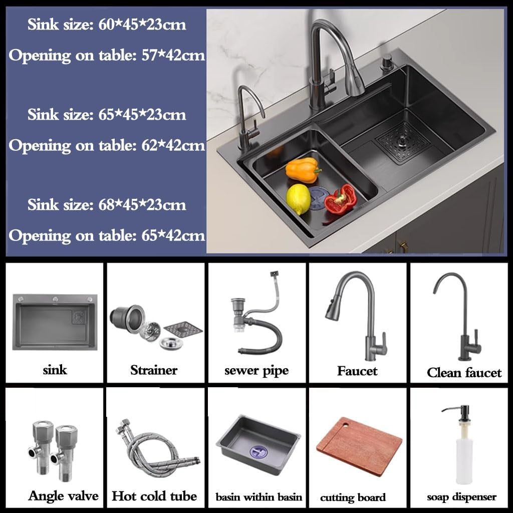 Kitchen Sinks, Single Bowl Stainless Steel Kitchen Sink with Drain Faucet Accessories Sink Set Multiple Size Single Bowl Sink Washibowl Basin (65 * 45Cm