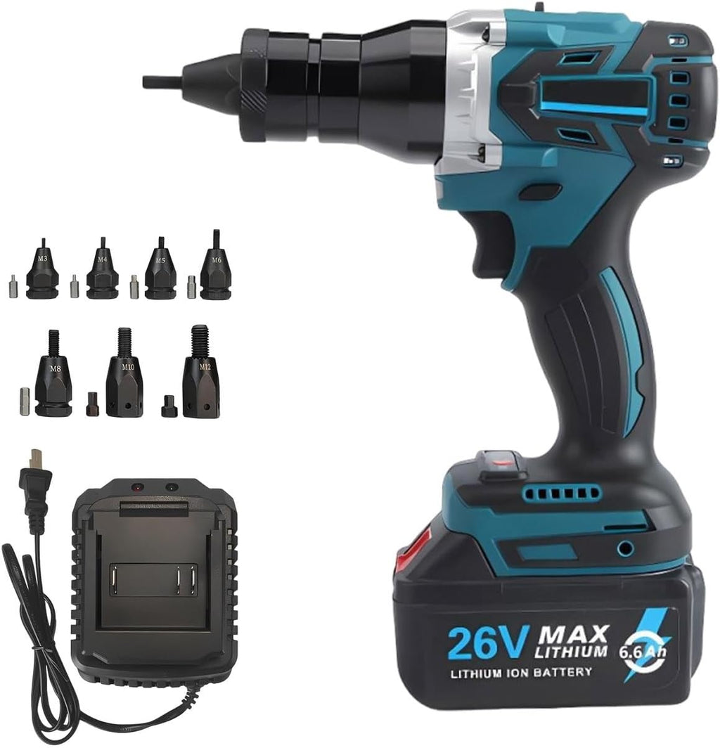 Pop Rivet Insert Installation Portable Cordless Automatic Riveter,Brushless Rivet Nut Gun with 6600mah Battery,Nutsert Kit for Aluminum & Iron Rivet Nuts M3–m12(6.6Ah)