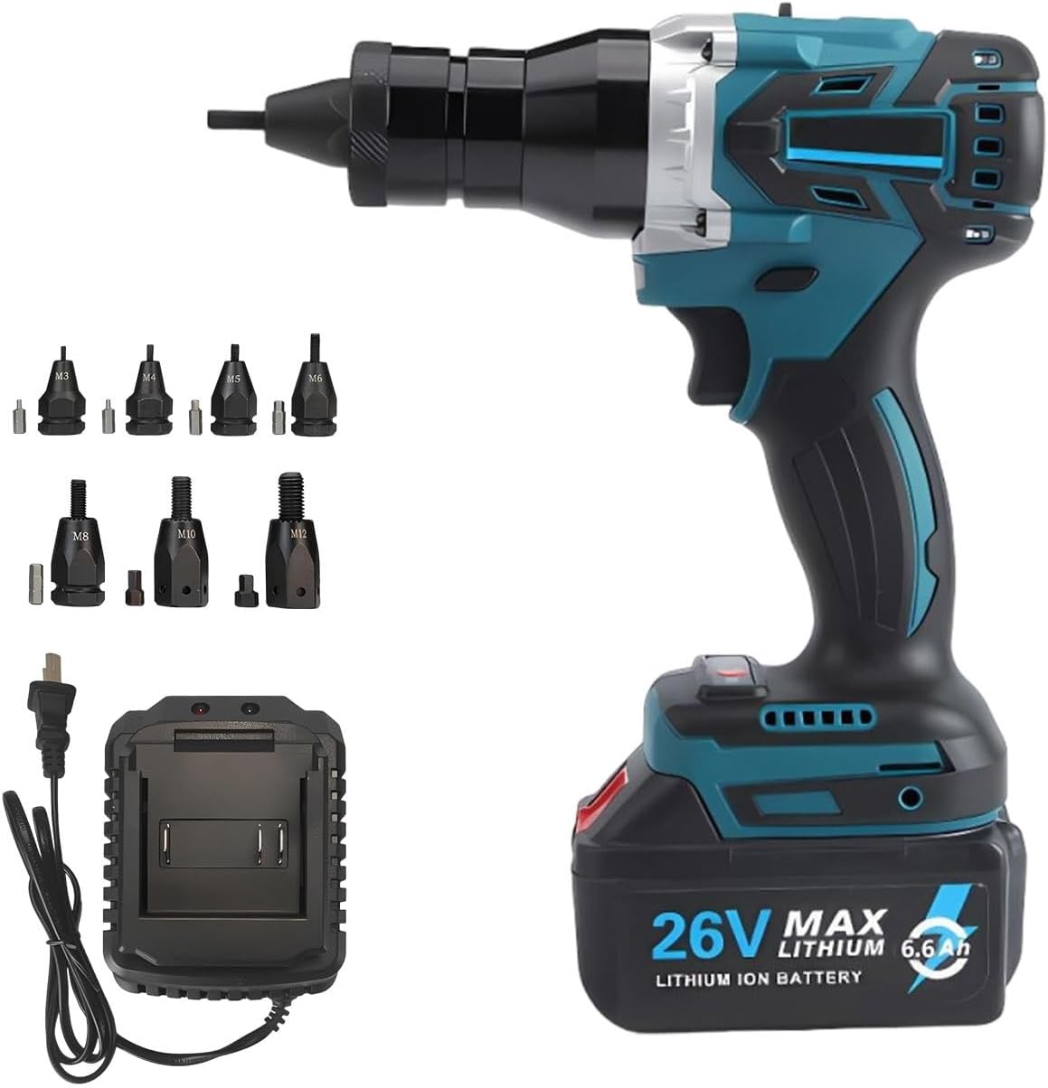 Pop Rivet Insert Installation Portable Cordless Automatic Riveter,Brushless Rivet Nut Gun with 6600mah Battery,Nutsert Kit for Aluminum & Iron Rivet Nuts M3–m12(6.6Ah)