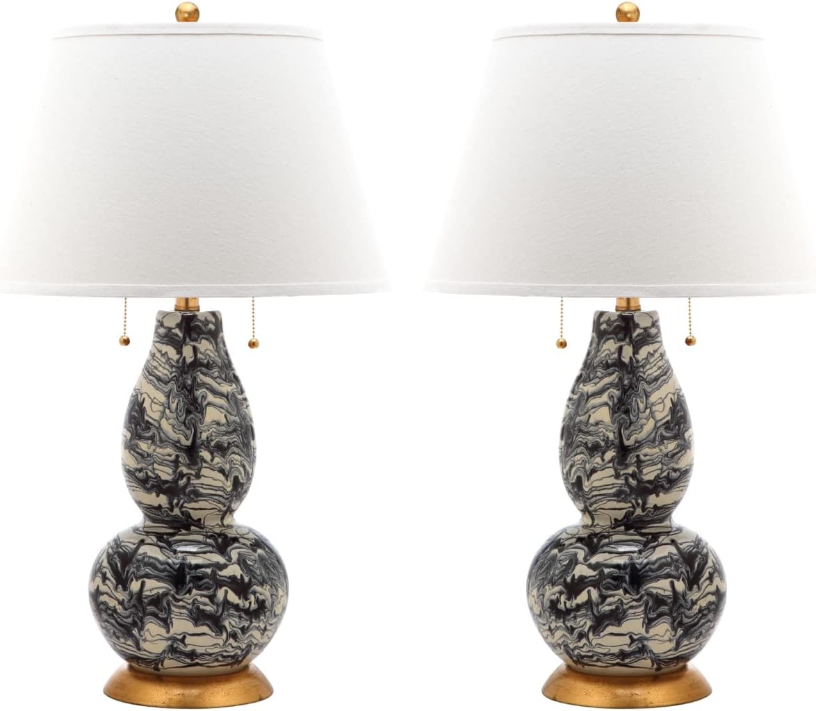 SAFAVIEH Lighting Collection Modern Swirls Black/ White 29-inch Bedroom Living Room Home Office Desk Nightstand Table Lamp Set of 2 (LED Bulbs Included)