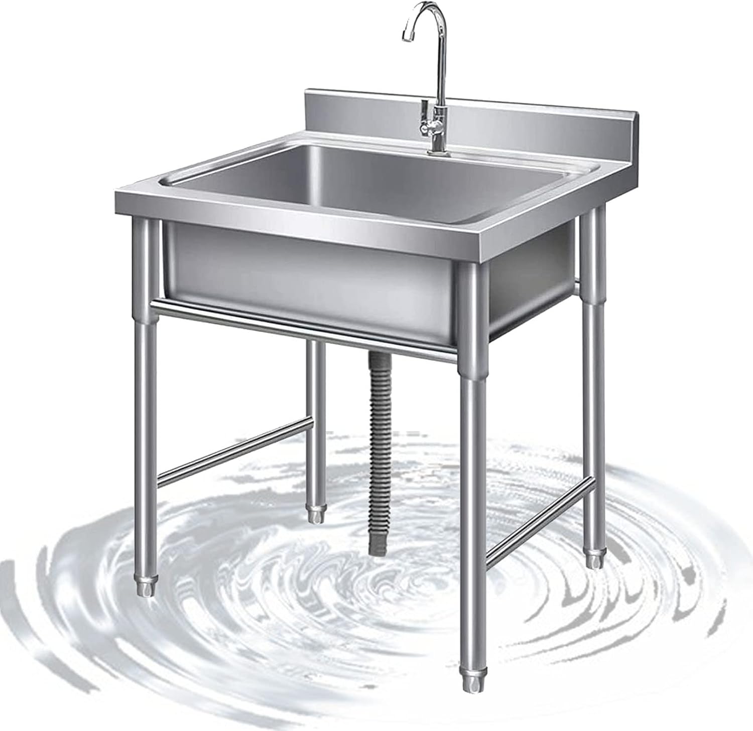 Stainless Steel Prep Utility Sink 1 Compartment Commercial Kitchen Sink with Faucet and Back Splash, Free Standing Utility Prep Single Bowl Sink for Restaurant, Laundry, Garage
