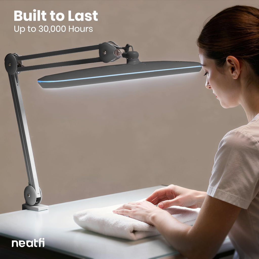 Neatfi XL 2,200 Lumens 24W LED Desk Lamp – 23' Wide Shade | Dimmable Eye-Caring Task Light | Adjustable Arm | Home Office, Study, Crafts & Nail Tech (Silver, Non-CCT with Clamp)