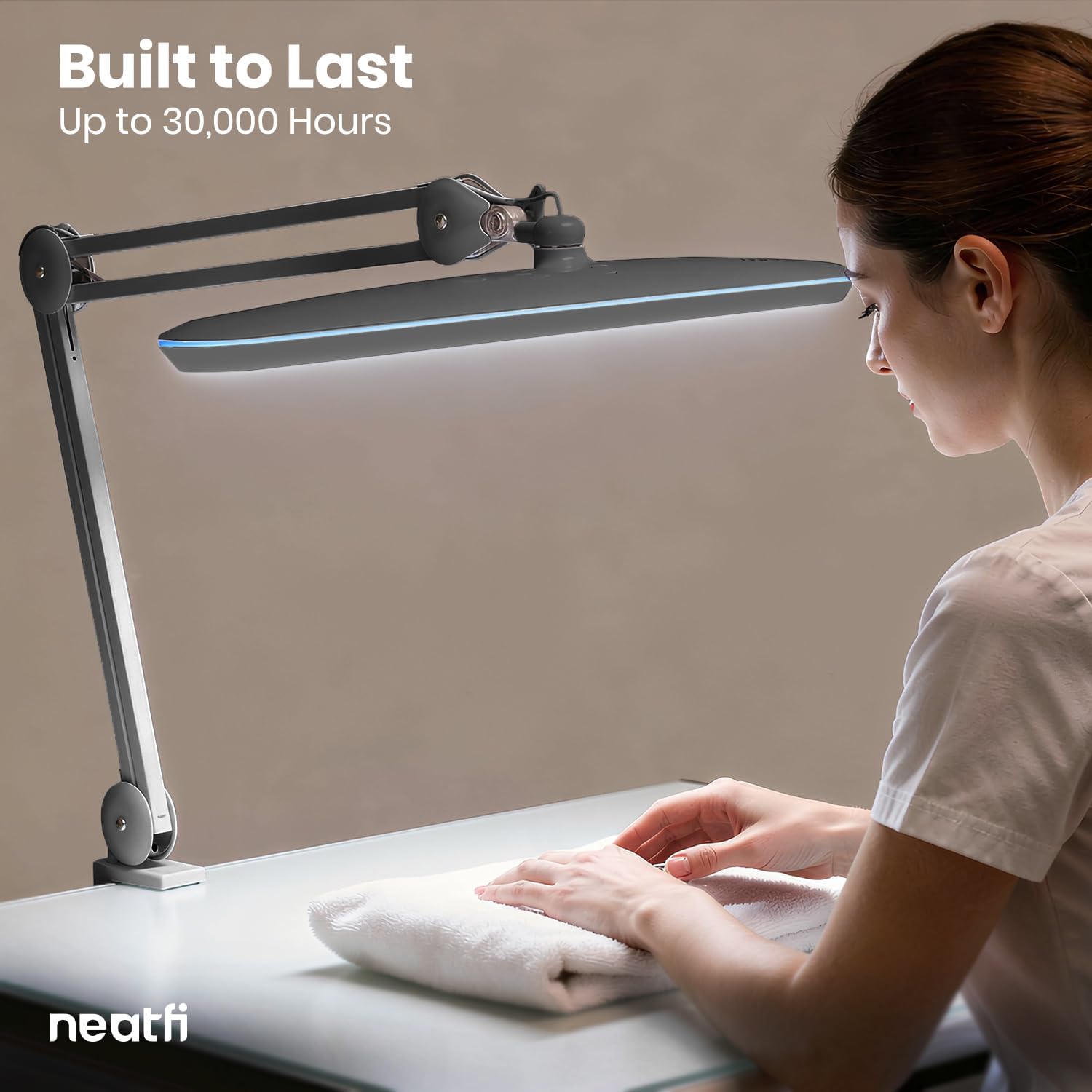 Neatfi XL 2,200 Lumens 24W LED Desk Lamp – 23' Wide Shade | Dimmable Eye-Caring Task Light | Adjustable Arm | Home Office, Study, Crafts & Nail Tech (Silver, Non-CCT with Clamp)