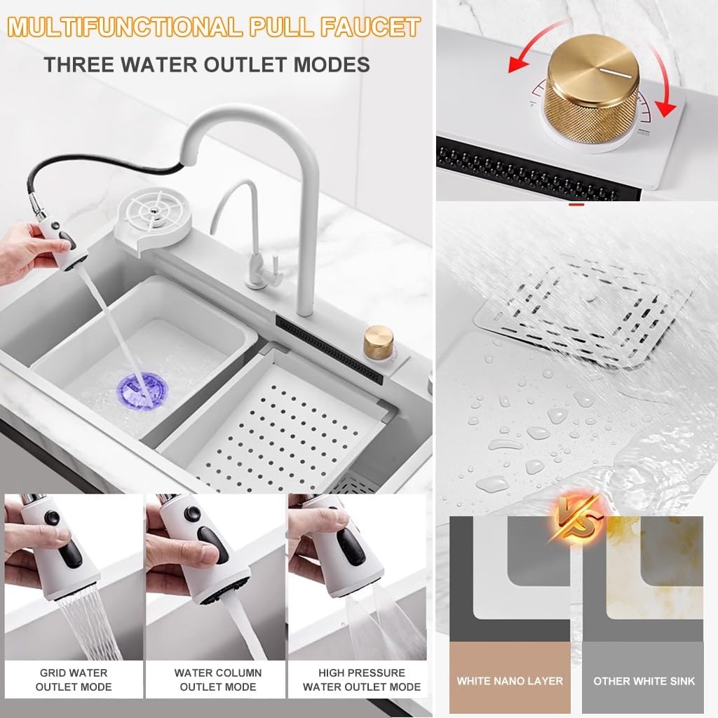 Single Bowl Waterfall Sink Stainless Steel Multi-functional Kitchen Sink White Nano-Coated Workstation Sink with Pull-Out Faucet,Drain Basket,Cup Washer (Color : White, Size : 68x45x22cm) (White 6