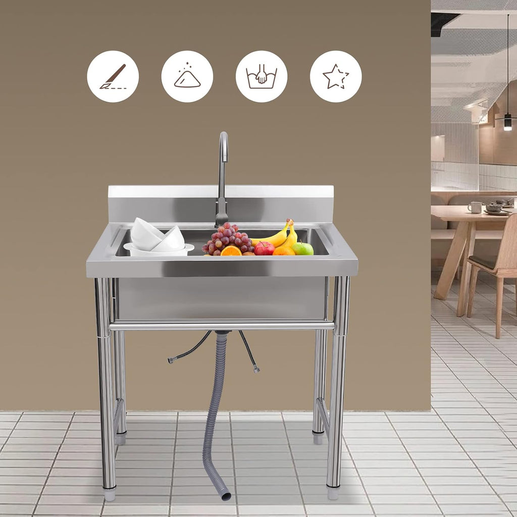 Commercial Stainless Steel Sink, Cold & Hot Water Double Basin Triple Utility Wash Sink, 360° Rotation and Double Layer Filter, Used for Garages, Laundry Room, Kitchen, Restaurant, Farm, Backyard