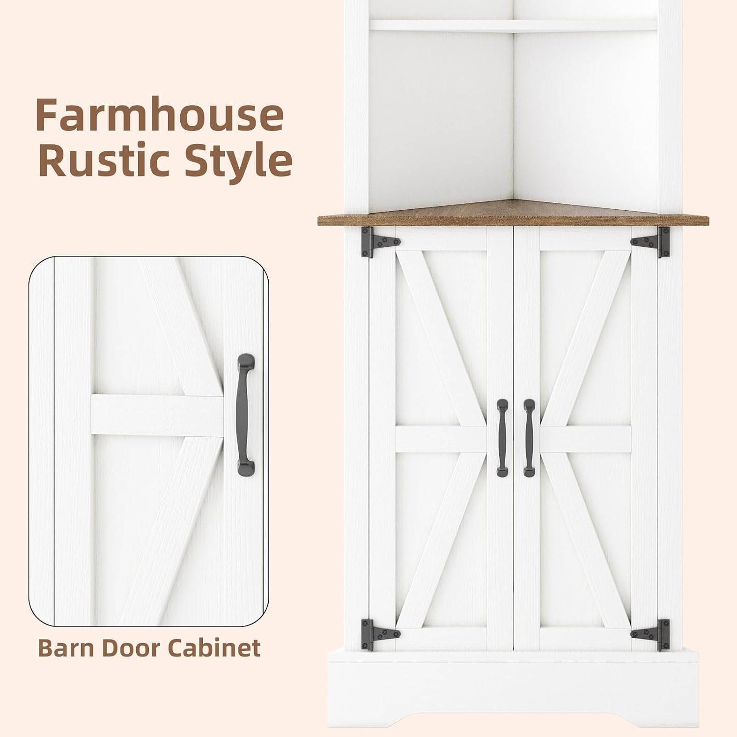 4 EVER WINNER Farmhosue Corner Cabinet, 68' Tall Corner Storage Cabinet with 5-Tier Adjustable Shelves and Barn Doors for Small Space, Living Room, Dining Room, Hallway, Bathroom, Kitchen, White