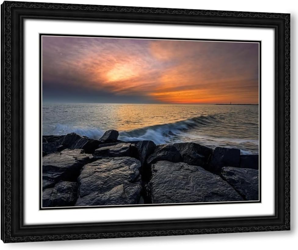 ArtDirect 18x15 Jaynes Gallery Black Ornate Framed and Double Matted Museum Art Print Titled New Jersey-Cape May National Seashore Sunset on ocean and rocks